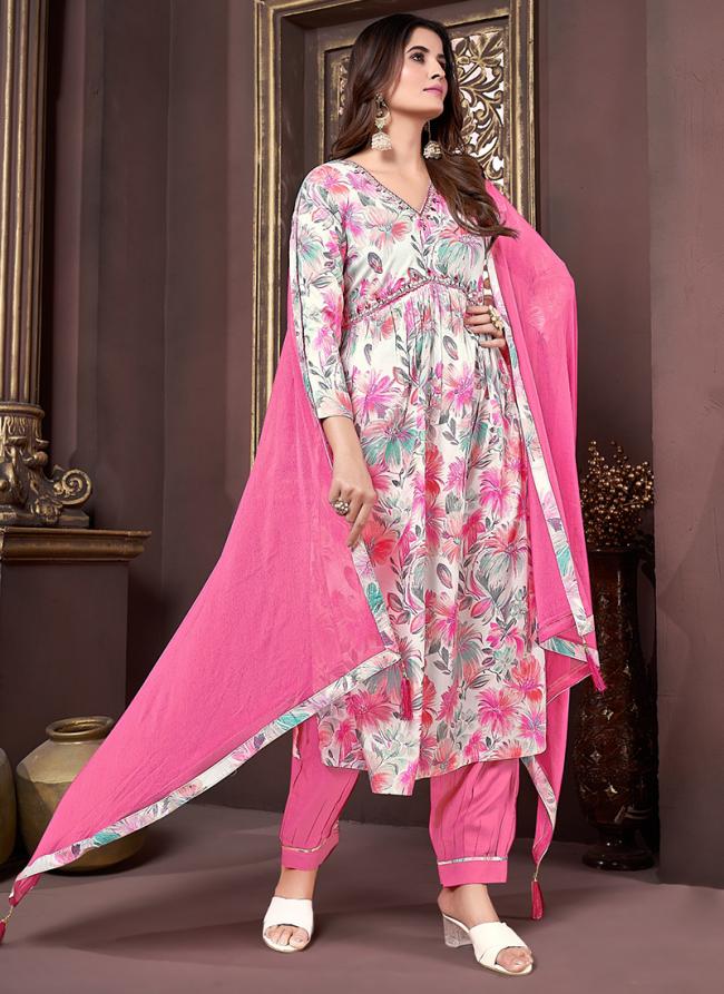 Rayon Pink Festival Wear Printed Readymade Kurti Set